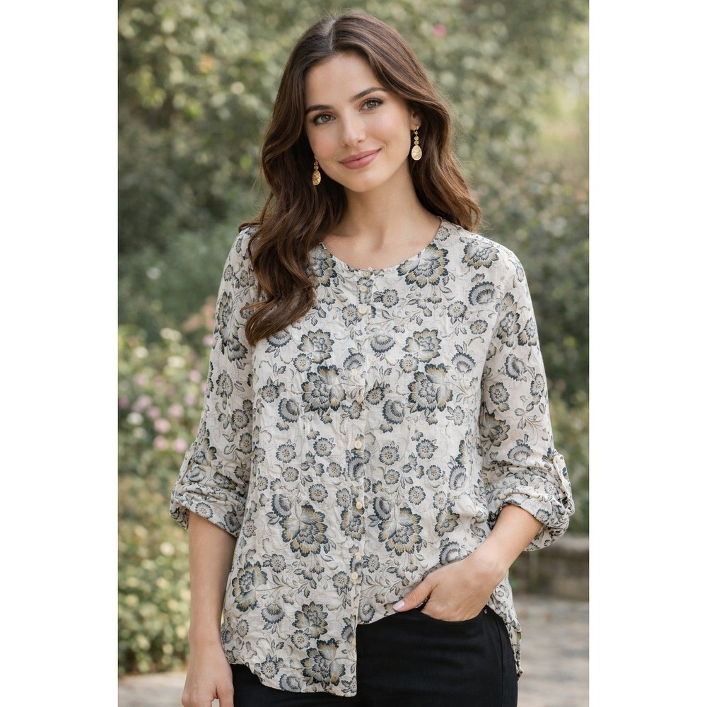 Tahari Women's 1X Ivory Black Linen Floral Roll Tab Sleeve Tunic Top Blouse EUC